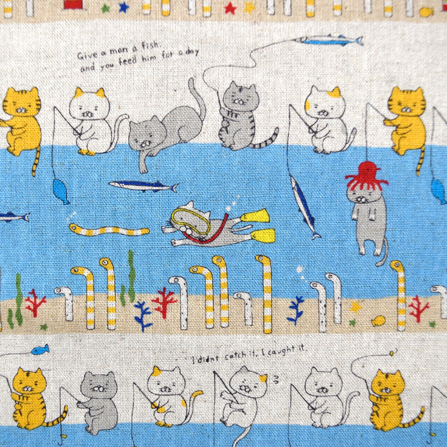 Fishing Cats Cotton Linen Canvas - Light Blue
