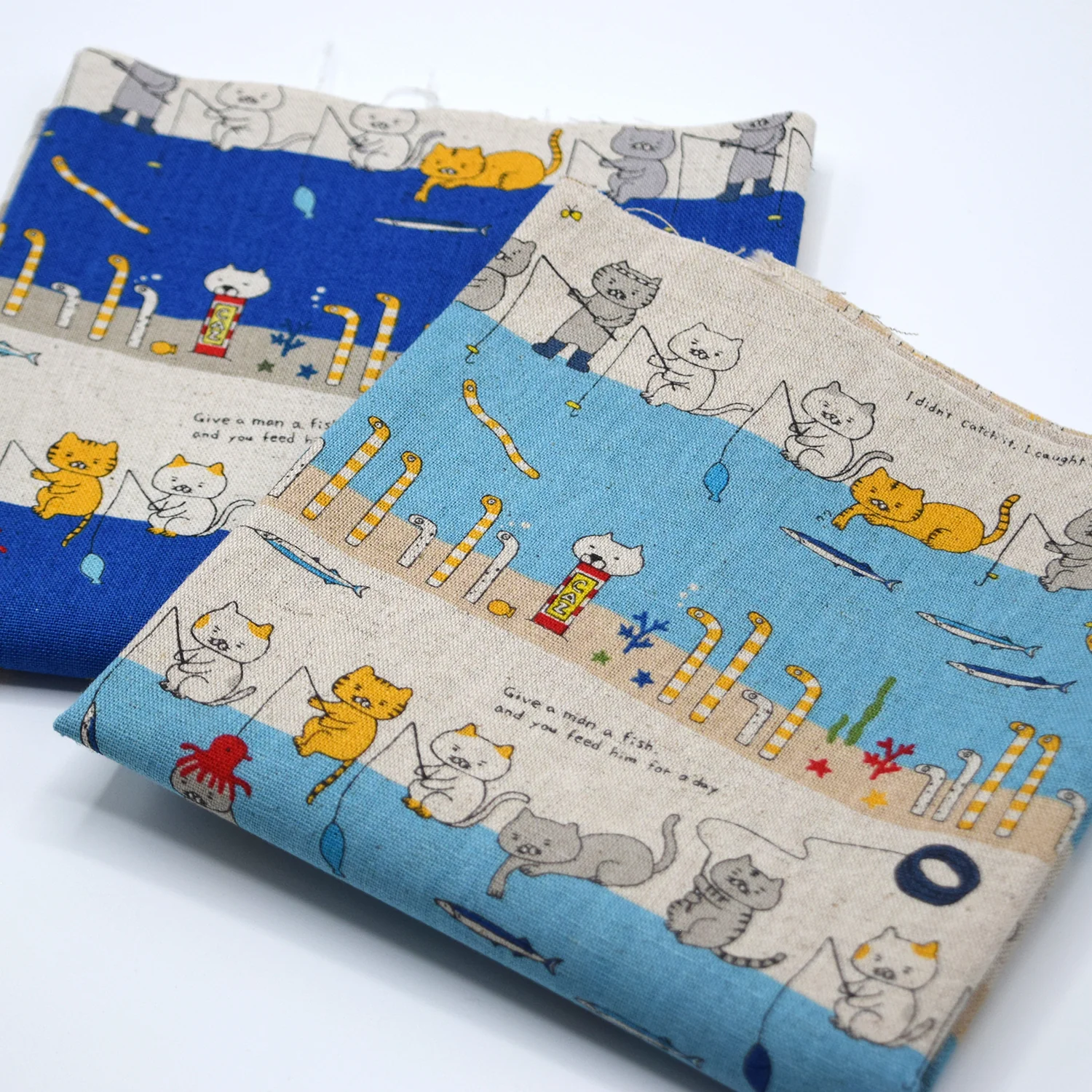 Fishing Cats Cotton Linen Canvas - Light Blue - Image 5