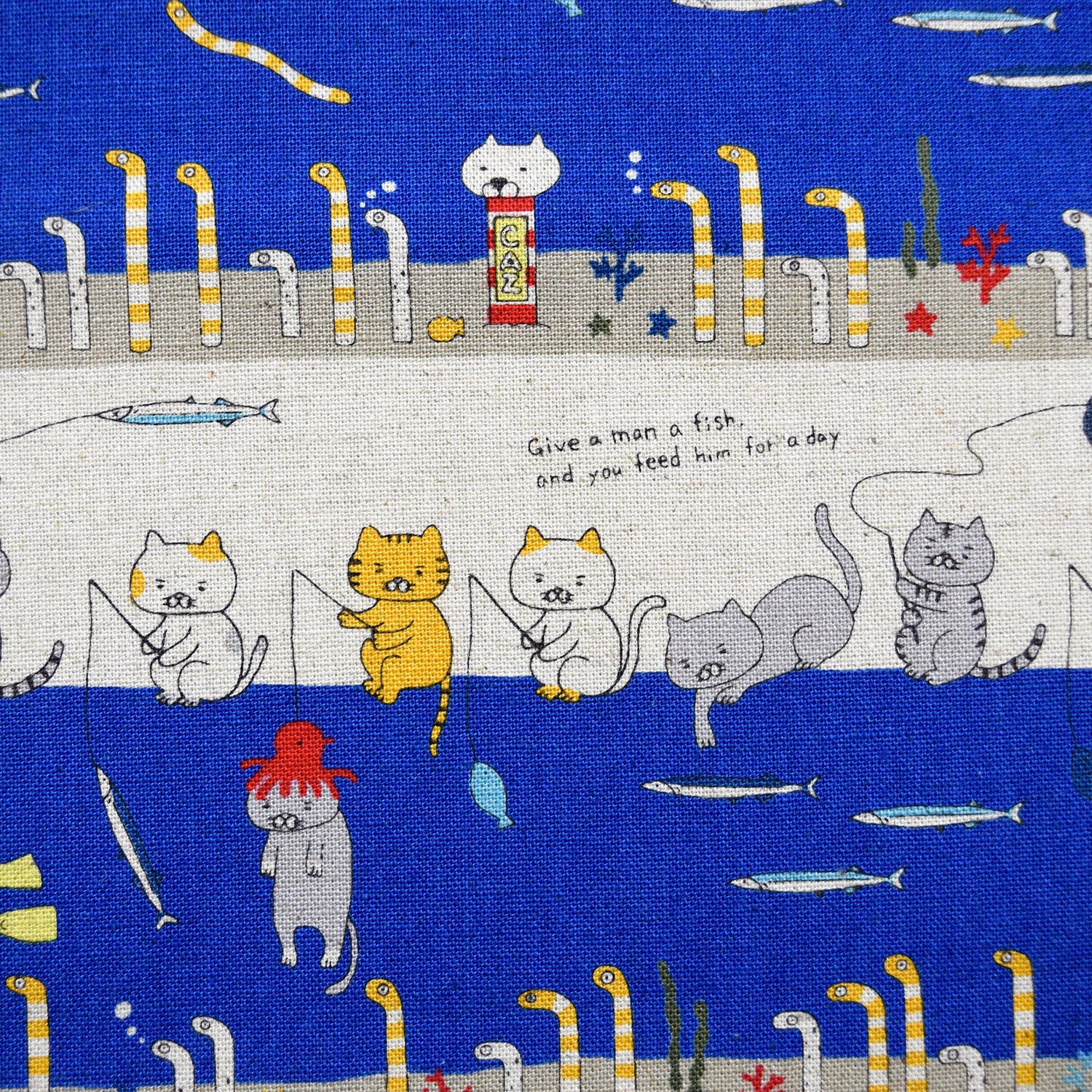 Fishing Cats Cotton Linen Canvas - Blue
