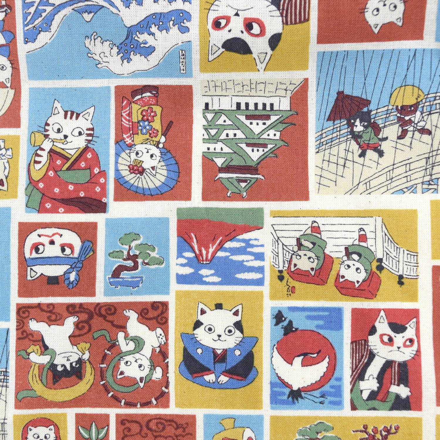 Funny Cats in Japan Cotton Sheeting - Red