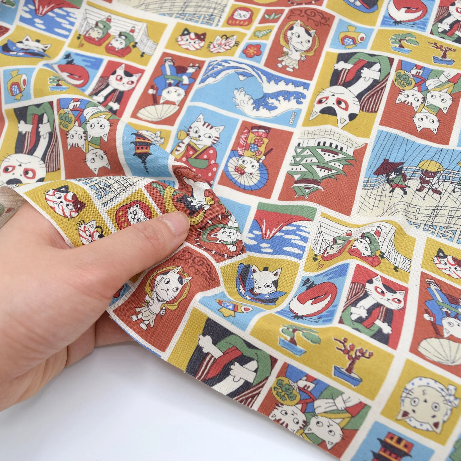 Funny Cats in Japan Cotton Sheeting - Red - Image 4