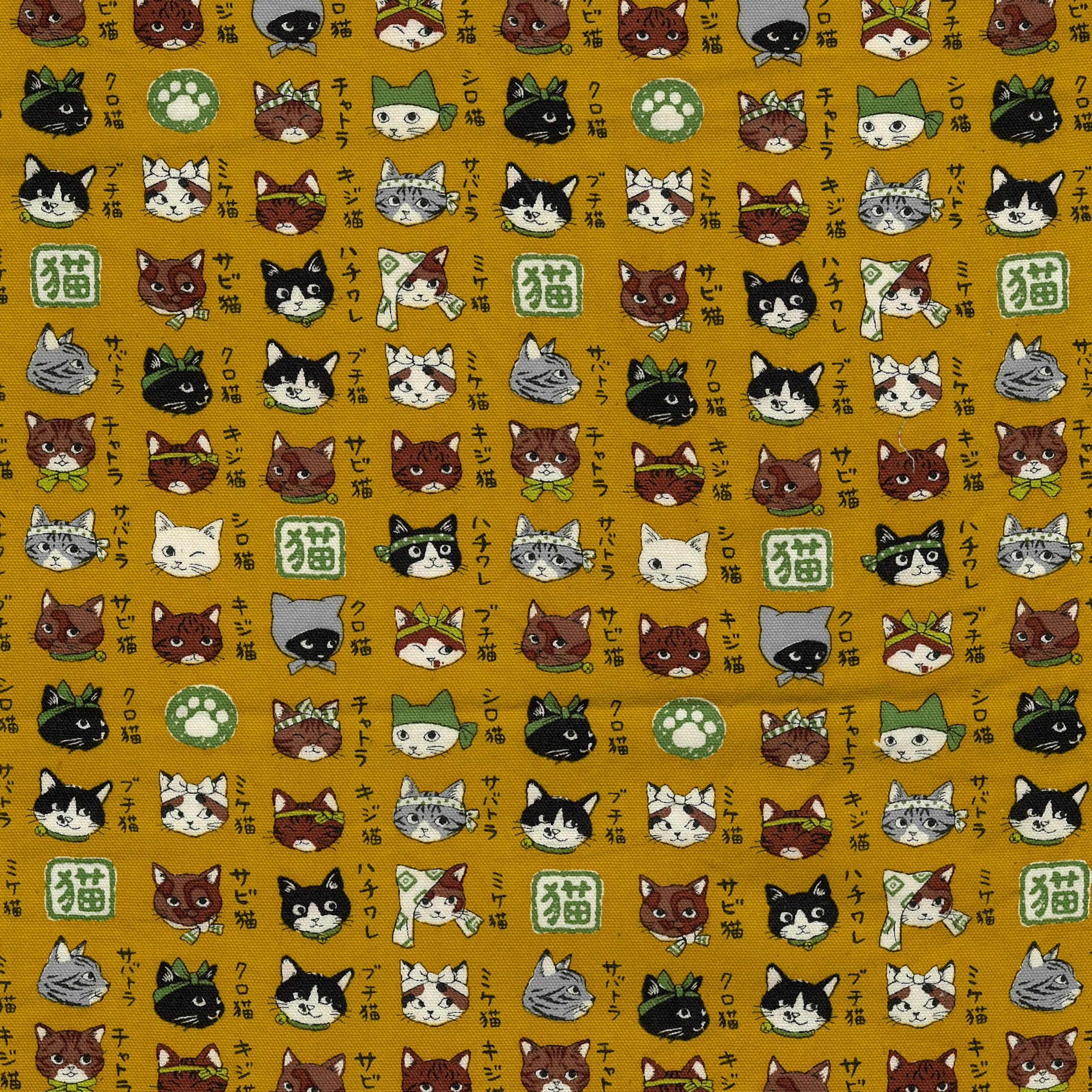 Japanese Cats Cotton Oxford - Mustard YPA-56030-2