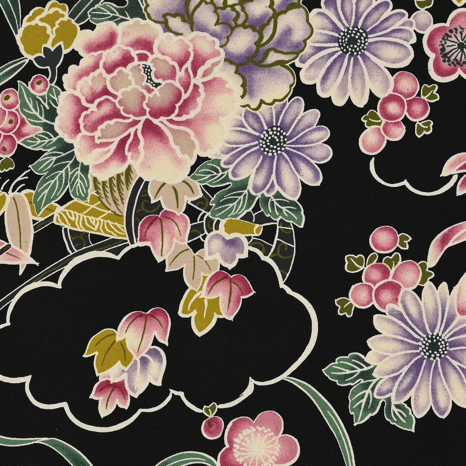 Japanese Floral Prints Cotton Sheeting - Black YKA-19100-1 - Image 2