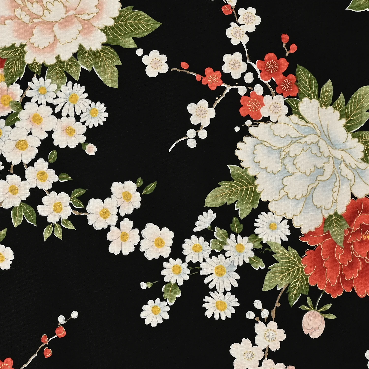 Japanese Peony Prints Cotton Sheeting -Black YGA-79070-2 - Image 2