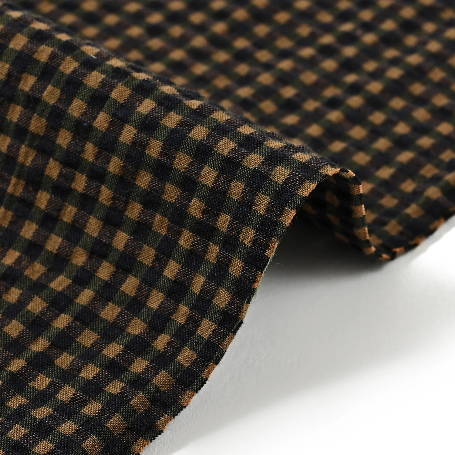 Yarn Dyed Gingham Seersucker Organic Cotton Fabric - Brown TS-2039-1 - Image 3
